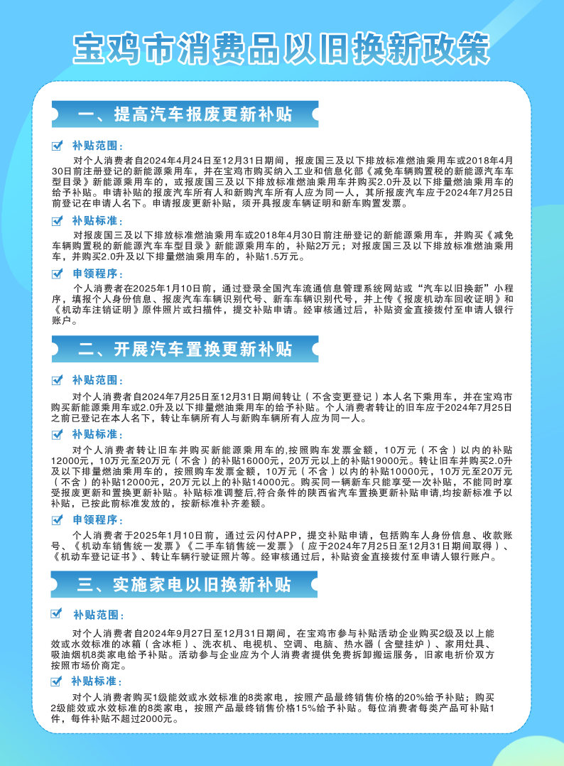 宝鸡市消费品以旧换新政策来了！